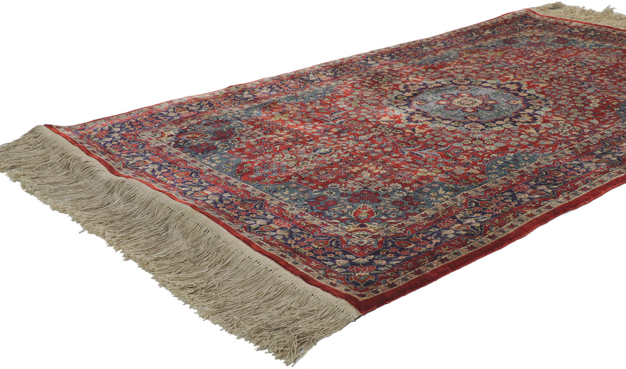 78219 Vintage Silk Qum Style Rug, 03'00 x 05'01.
 Rendered in variegated shades of red, blue, beige, navy blue, sky blue,  pistachio, peach, and tan with other accent colors. Desirable Age Wear. Abrash. Hand-knotted Silk. Made in China.