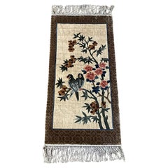 Vintage Silk Rug Tapestry With Birds Motif