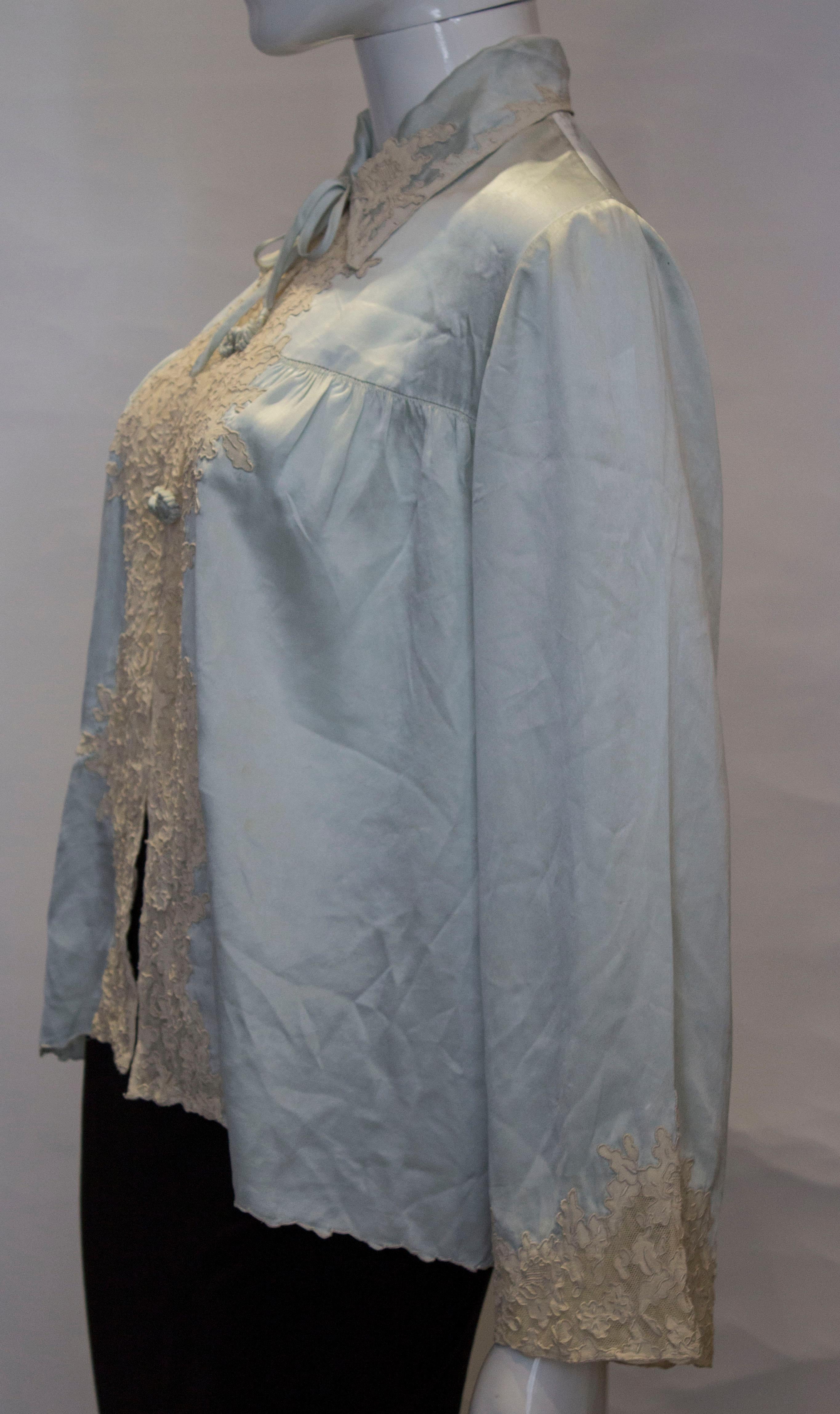 Gray Vintage  Silk Satin bed Jacket with Lace Detail