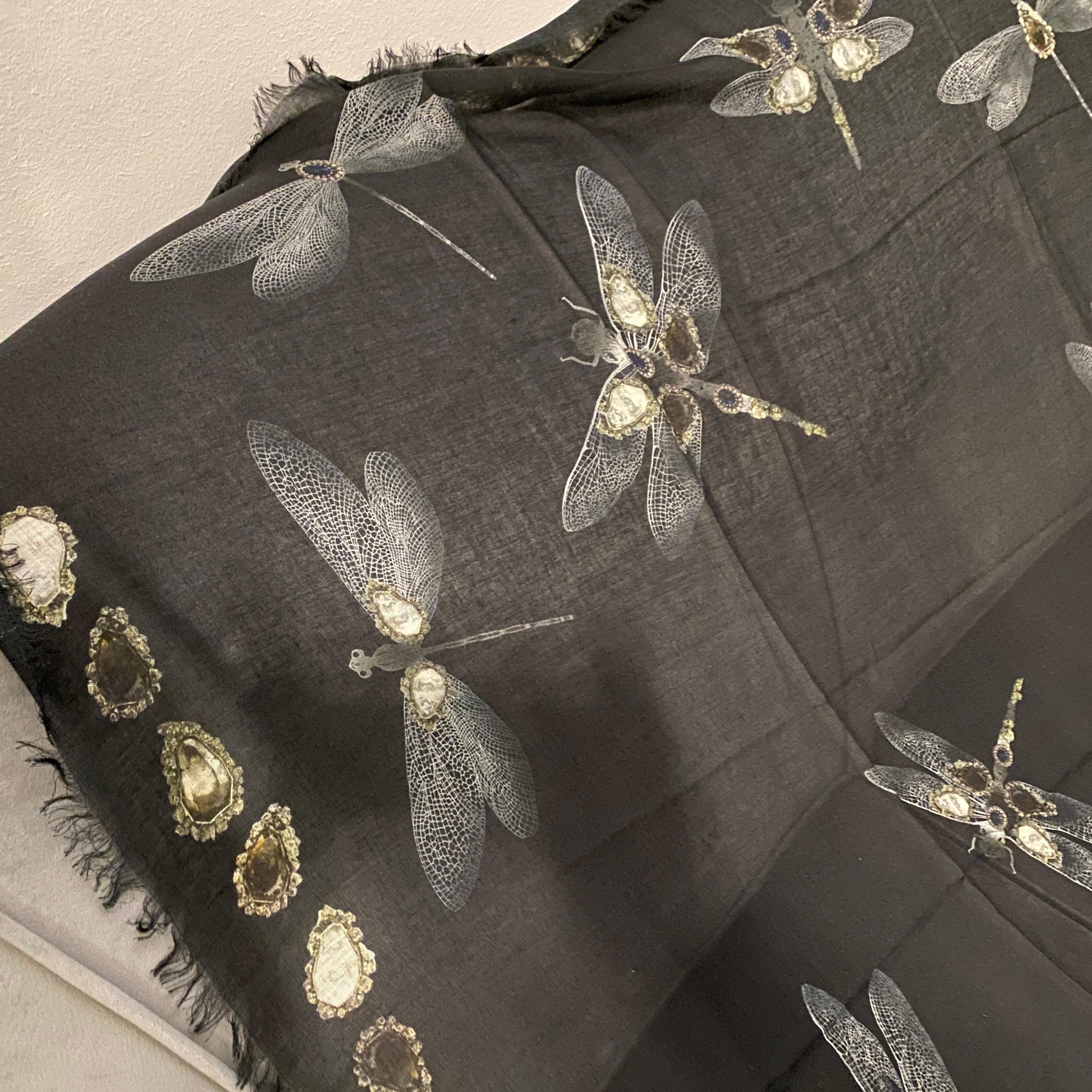 A gorgeous black scarf decorated with Dragonflies and Mother of pearls designed by Alexander McQueen