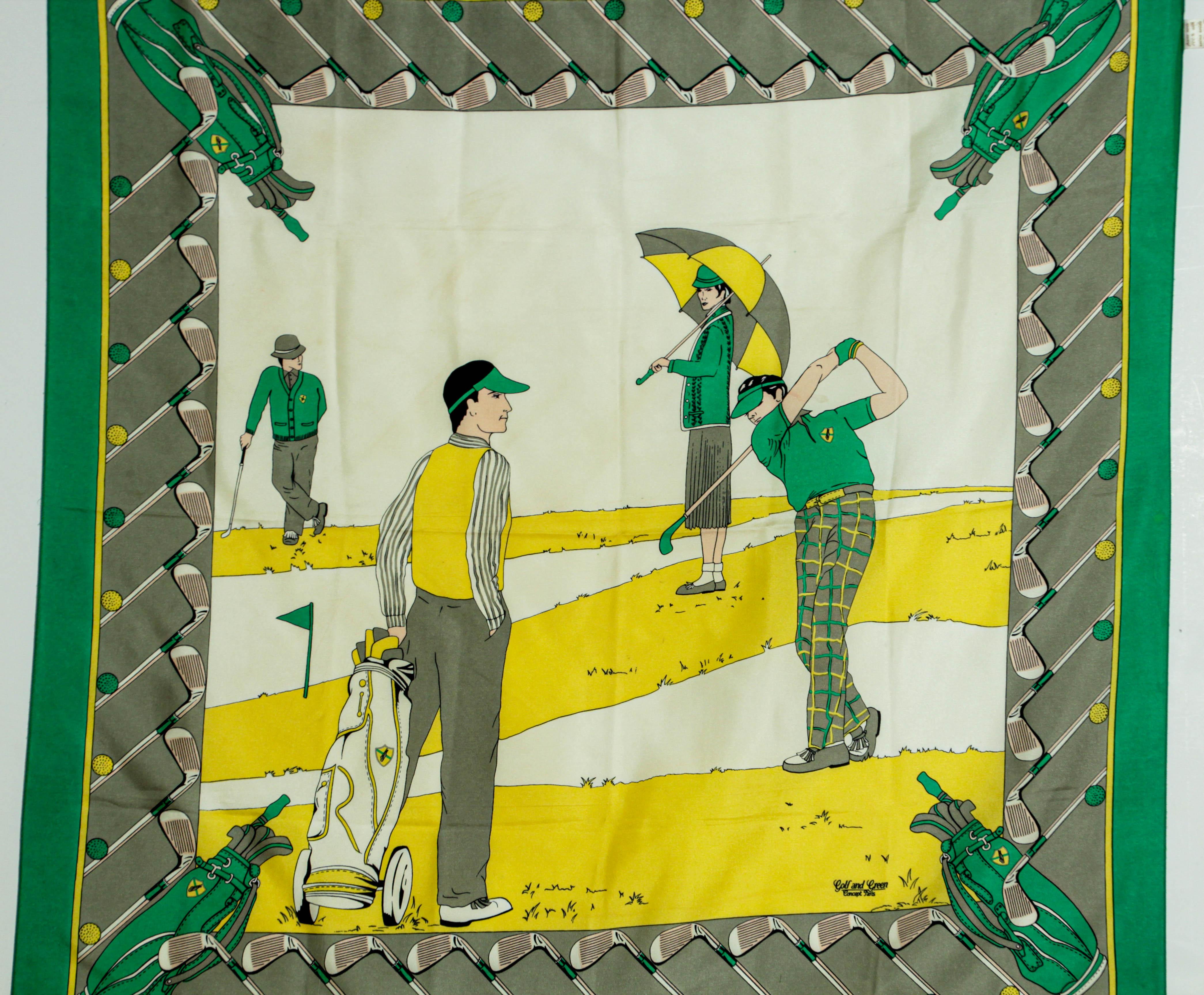 Vintage Silk Scarf by Golf and Green Concept Paris France with Golf Motifs.
Circa 1970s, made in France, 100 % silk.
Green , yellow and white bold colors, with men and ladies playing golf.
Bag golf design on each corner, green border, with golf