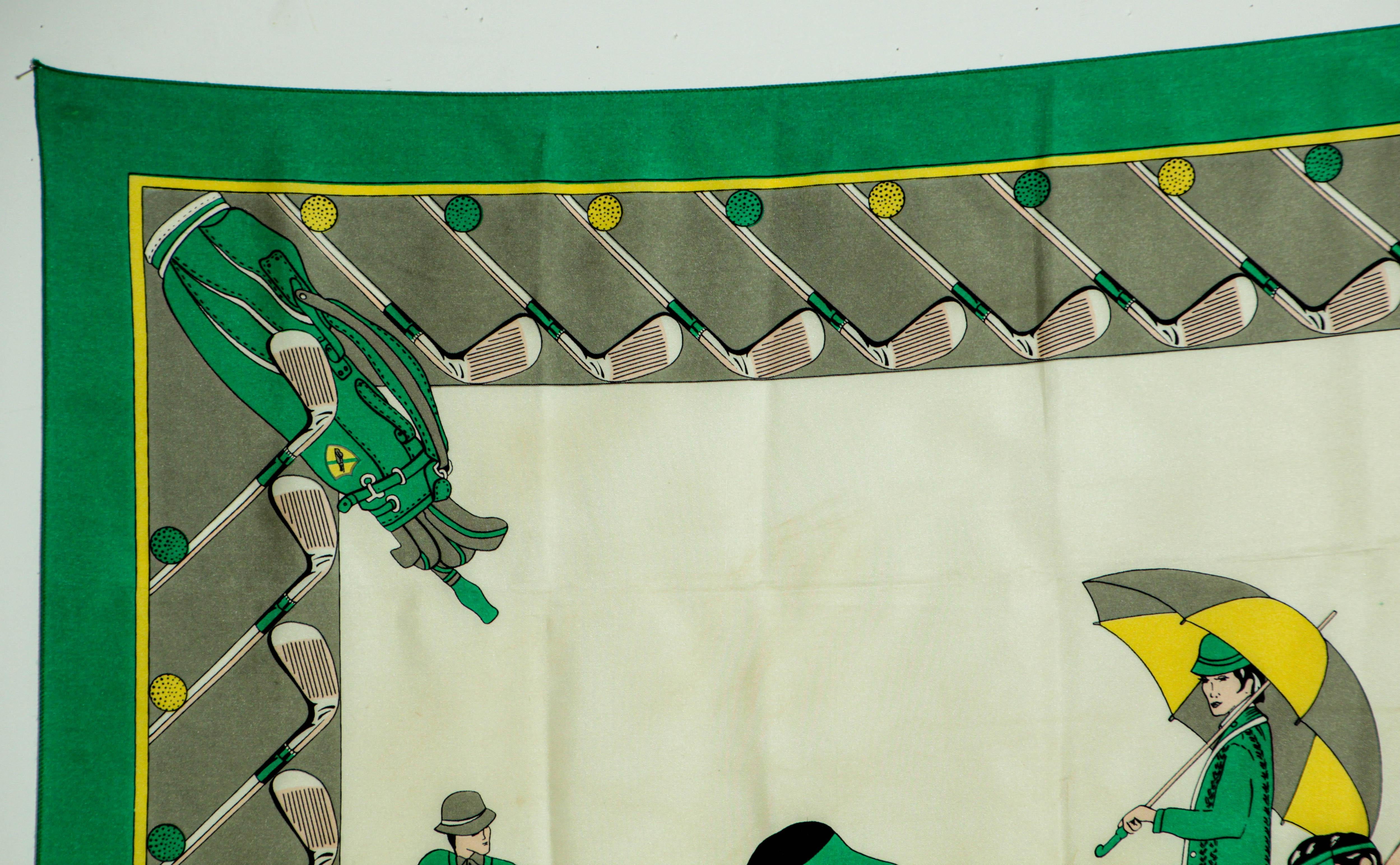 Beige Vintage Silk Scarf by Golf and Green Concept Paris France with Golf Motifs