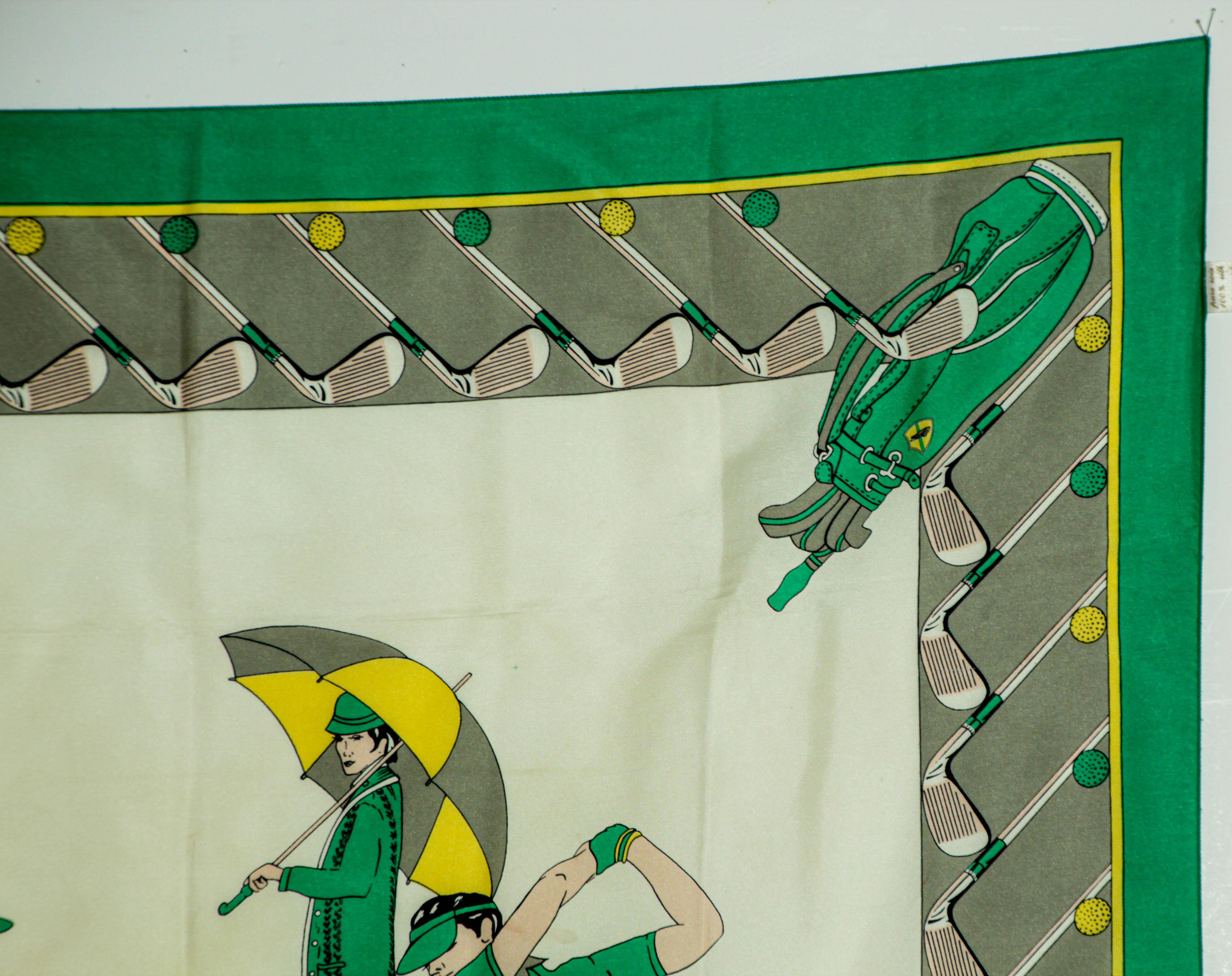 Vintage Silk Scarf by Golf and Green Concept Paris France with Golf Motifs In Good Condition In North Hollywood, CA