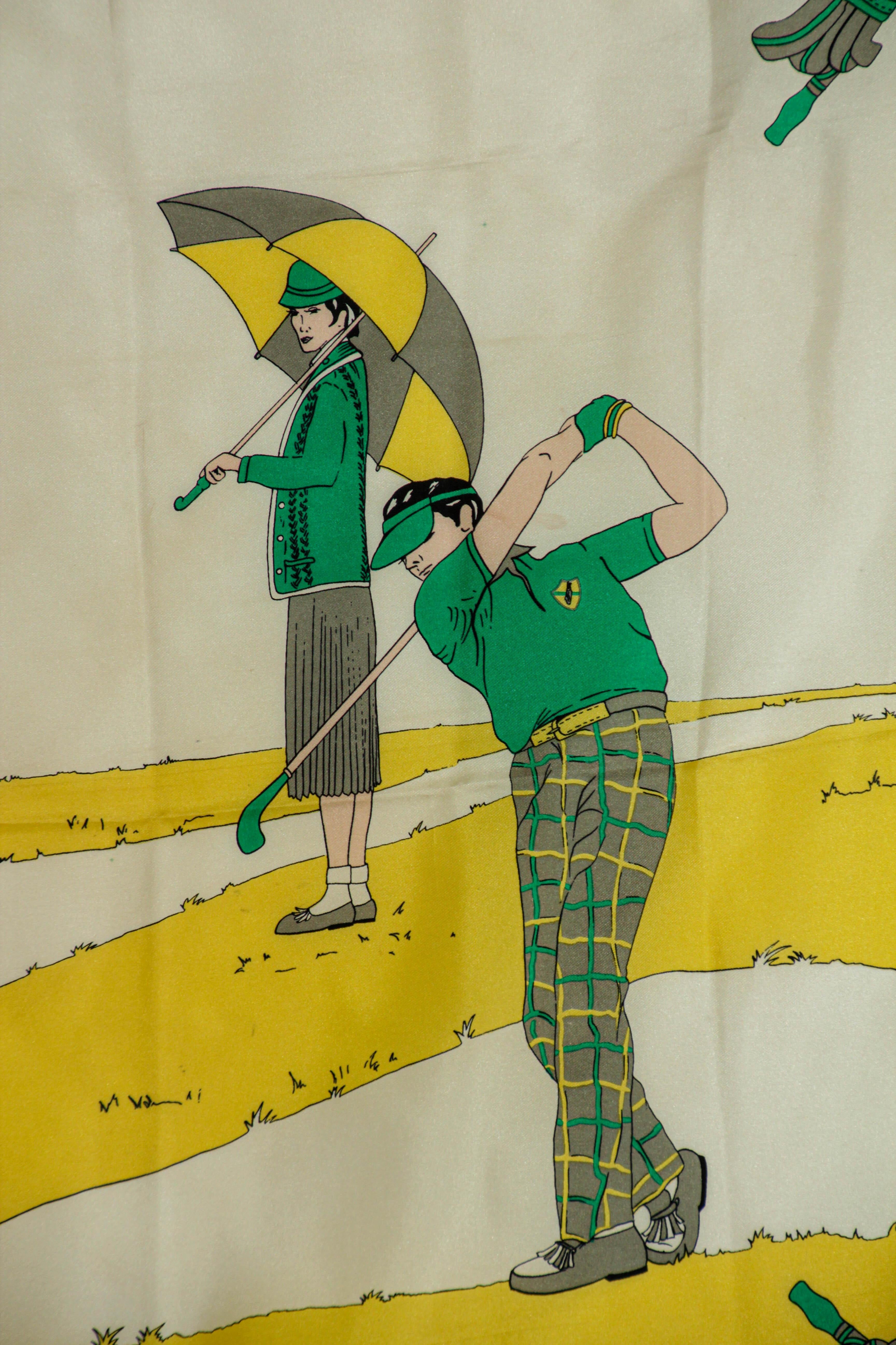 Women's or Men's Vintage Silk Scarf by Golf and Green Concept Paris France with Golf Motifs