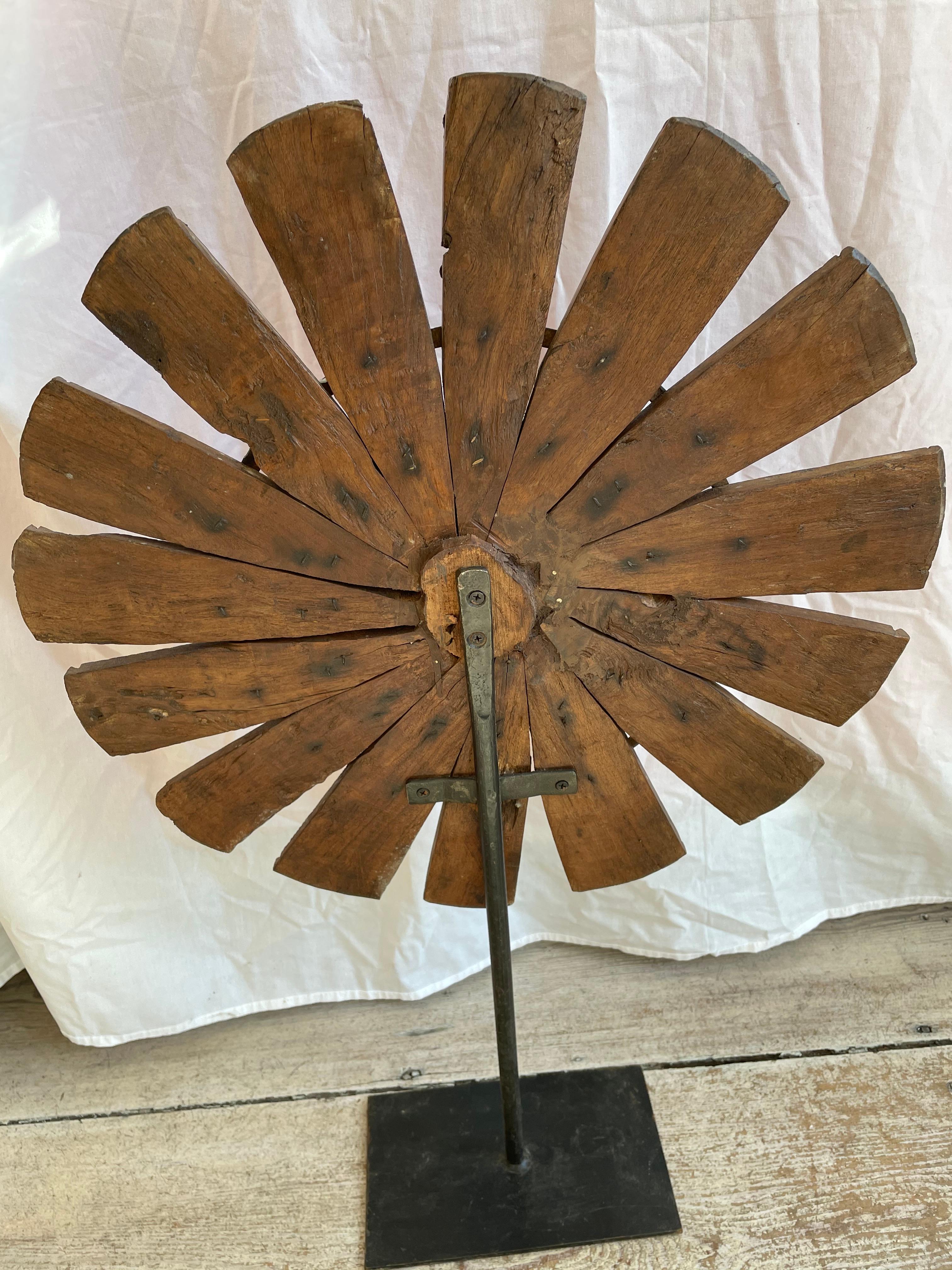 Vintage Silk Spinning Wheel Teak and Iron Floral Sculpture In Good Condition In Nantucket, MA