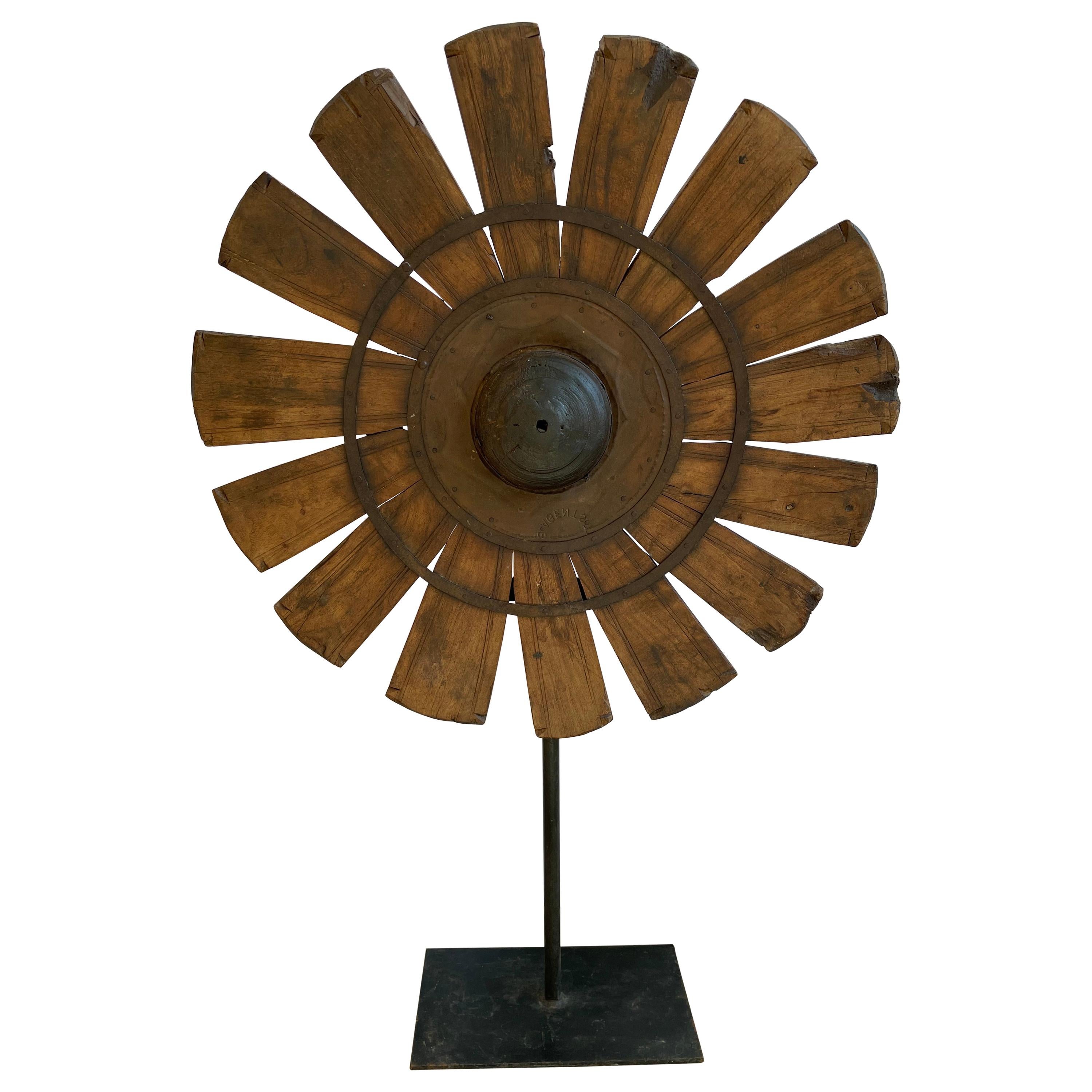 Vintage Silk Spinning Wheel Teak and Iron Floral Sculpture