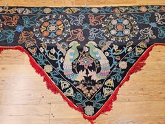 Vintage Silk Suzani Hand Embroidered Tapestry Featuring a Pair of Parrotts