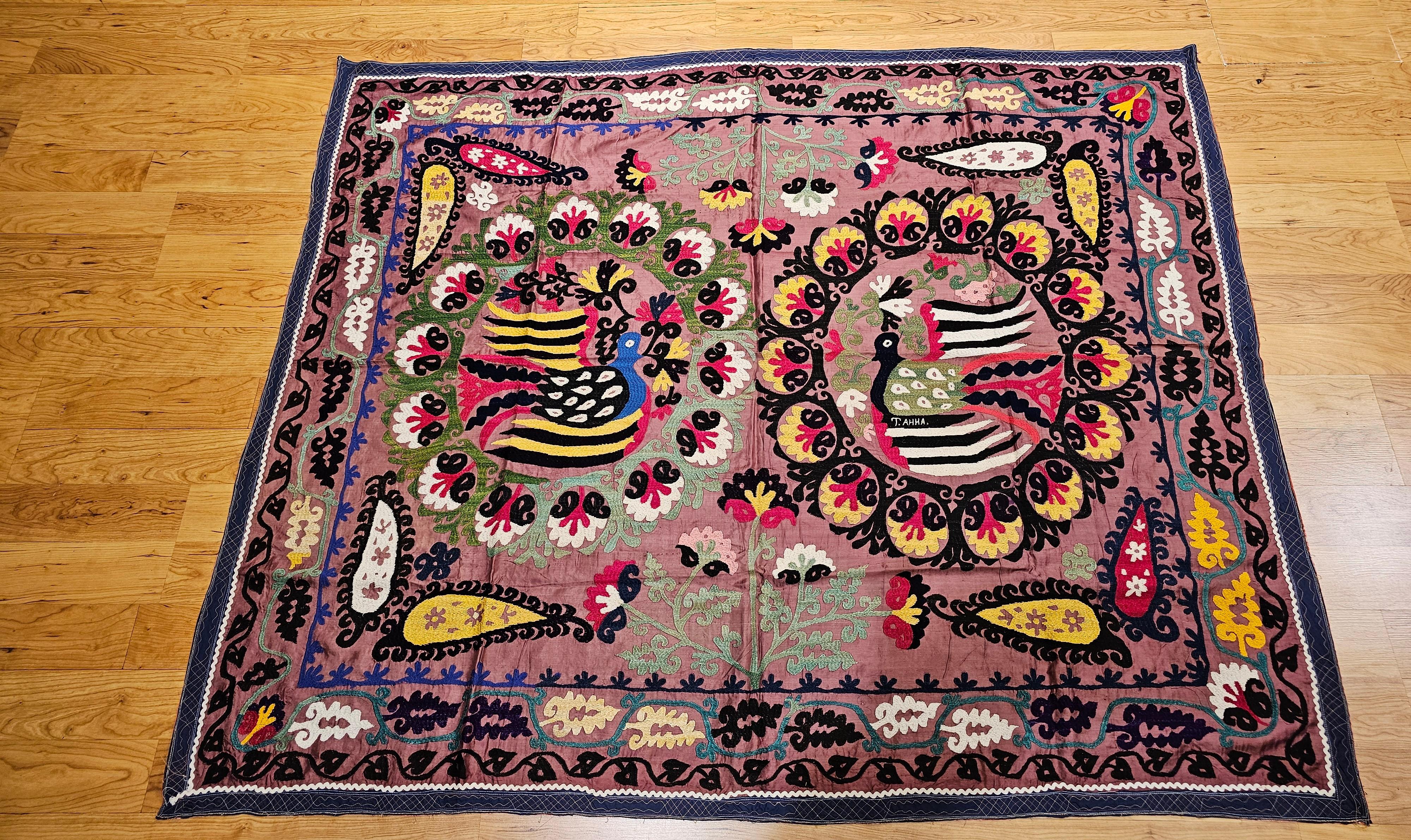 Vintage Silk Suzani Hand Embroidered Tapestry Featuring a Pair of Partridges  For Sale 6