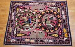 Vintage Silk Suzani Hand Embroidered Tapestry Featuring a Pair of Partridges