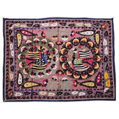 Antique Silk Suzani Hand Embroidered Tapestry Featuring a Pair of Partridges 