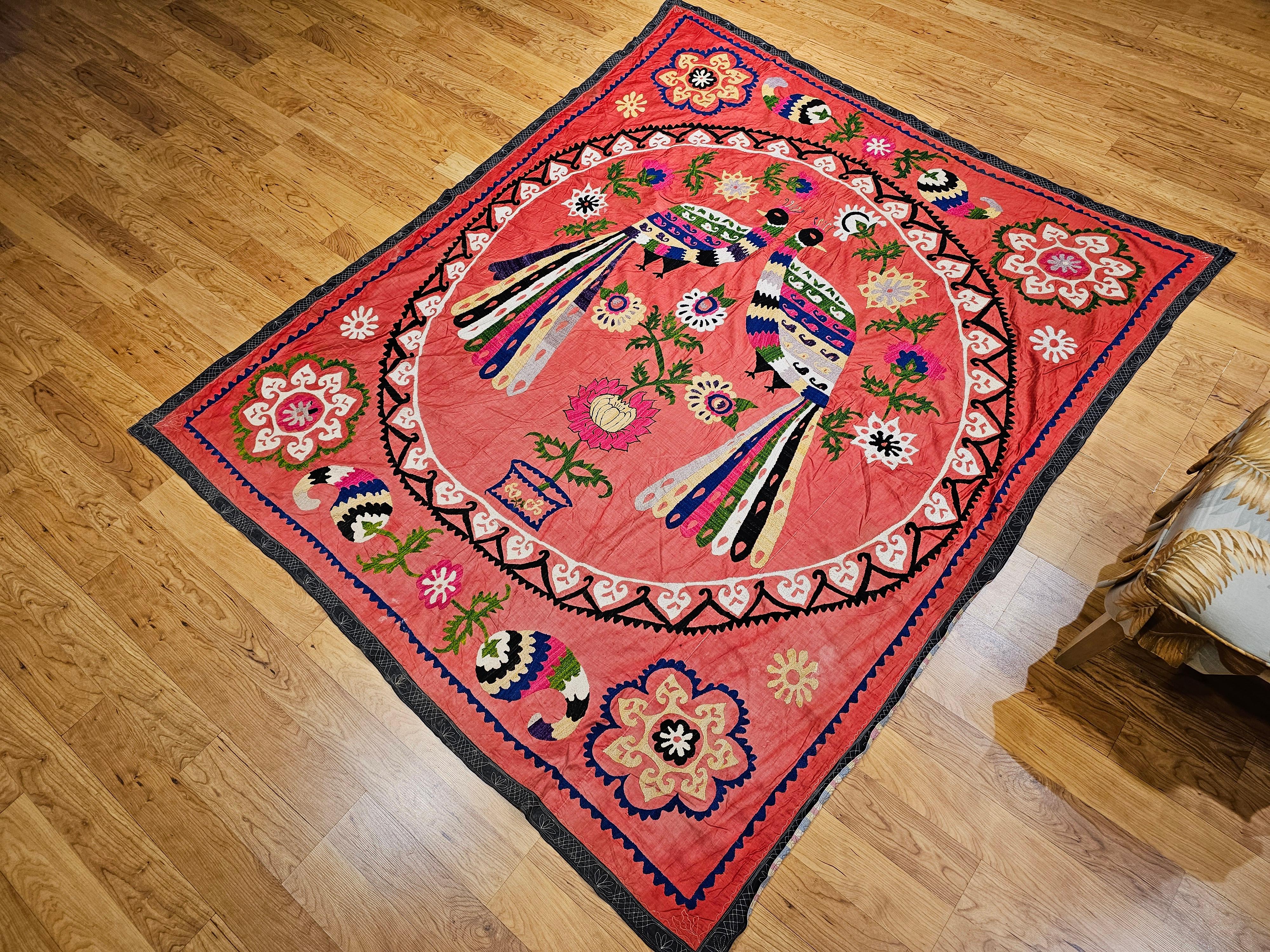 Vintage Silk Suzani Hand Embroidered Tapestry Featuring a Pair of Peacocks  For Sale 11