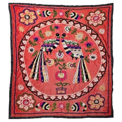 Vintage Silk Suzani Hand Embroidered Tapestry Featuring a Pair of Peacocks