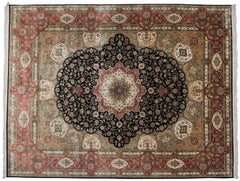 Vintage Silk Tabriz Rug Black Silk Rug Rare Fine Silk Rug 9x12 Handmade Silk Rug