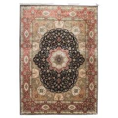 Tapis vintage Tabriz en soie noire Tapis en soie rare Tapis en soie fait main 9x12