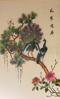 Vintage Silk Thread Wall Art Flora and Fauna Painting Featuring Peacocks