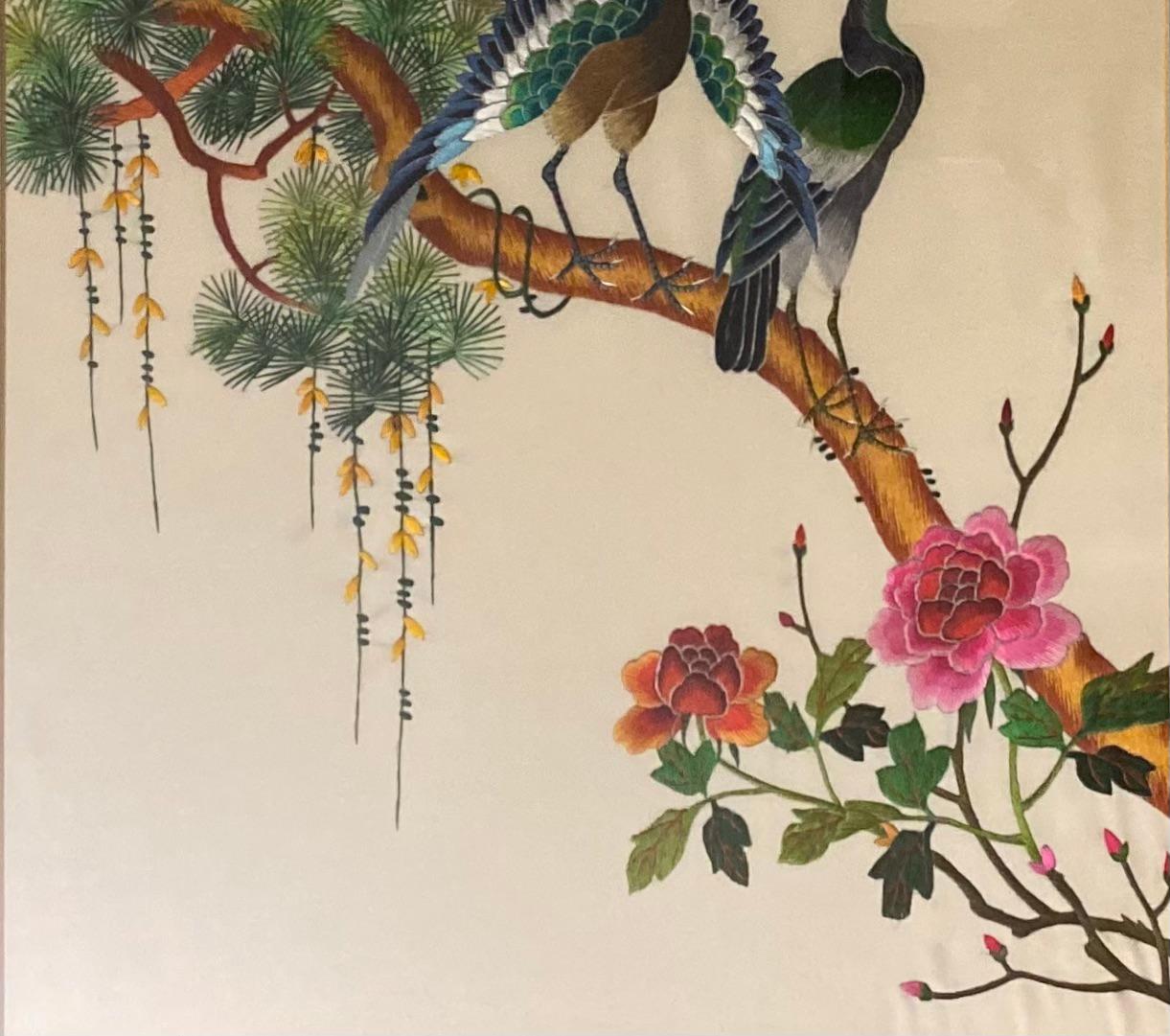 Vintage-Wandgemälde aus Seidenfaden mit Pfauenmotiv, Flora und Fauna (Chinesisch) im Angebot
