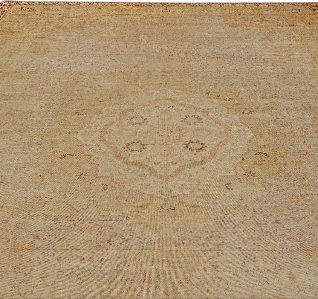Hand-Knotted Vintage Silk Turkish Botanic Beige Carpet For Sale