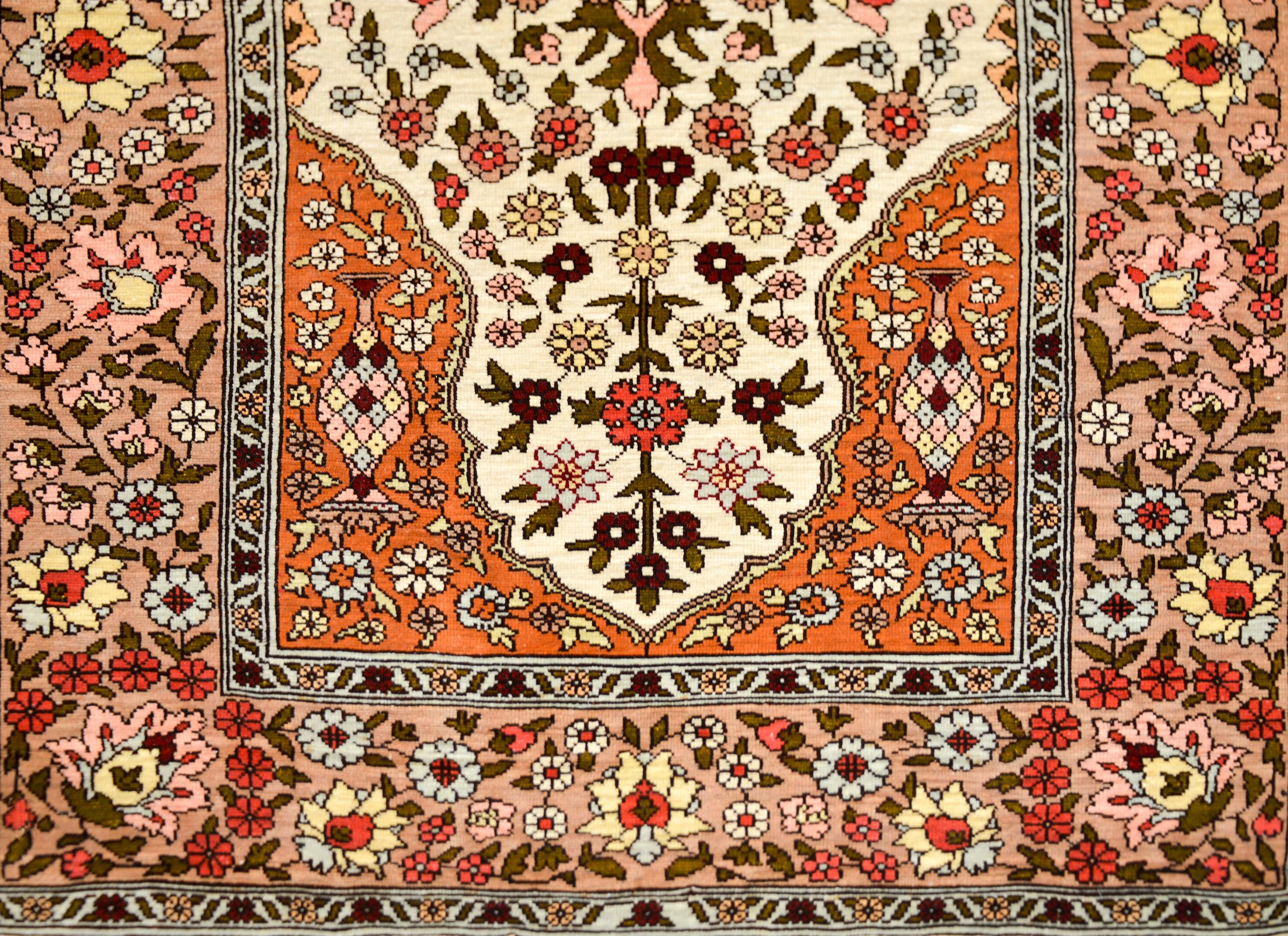 Tribal Vintage Silk Turkish Hereke Rug For Sale
