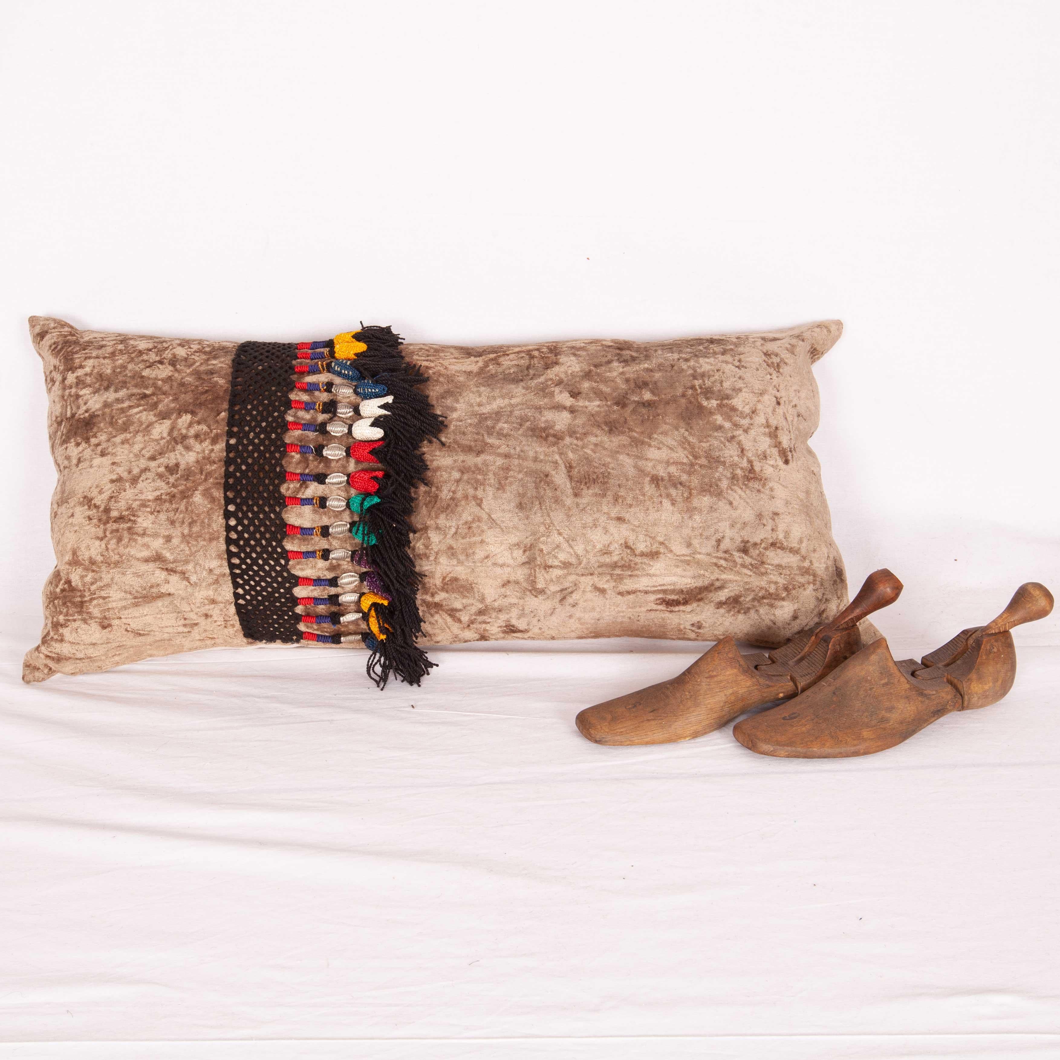 Tribal Silk Velvet Pillow Case Decorated with Vintage Uzbek Tassles, Mid-20th Century For Sale