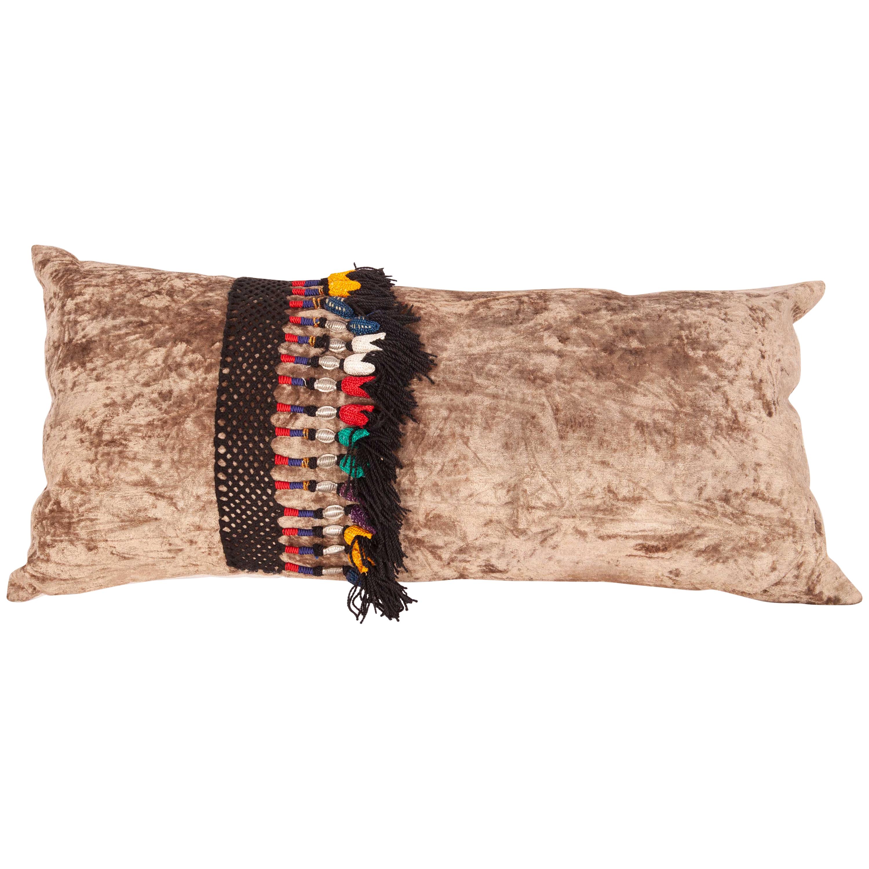 Silk Velvet Pillow Case Decorated with Vintage Uzbek Tassles, Mid-20th Century For Sale