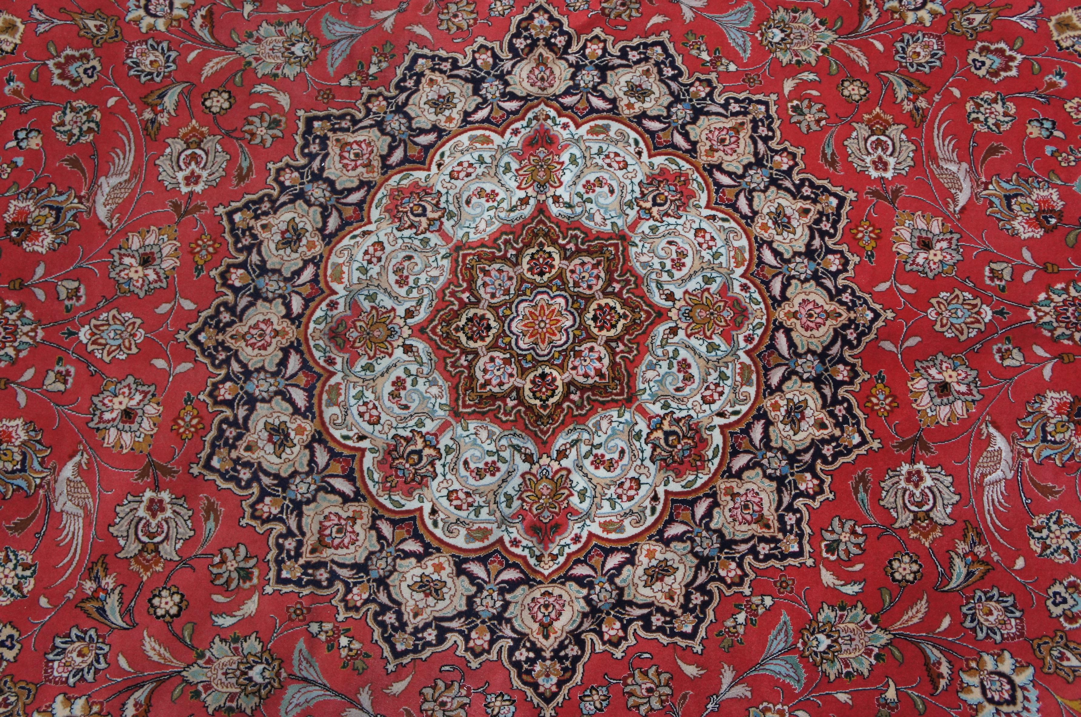 Vintage Silk Wool Floral All Over Persian Tabriz Area Rug Carpet Birds 10' x 13' In Good Condition For Sale In Dayton, OH