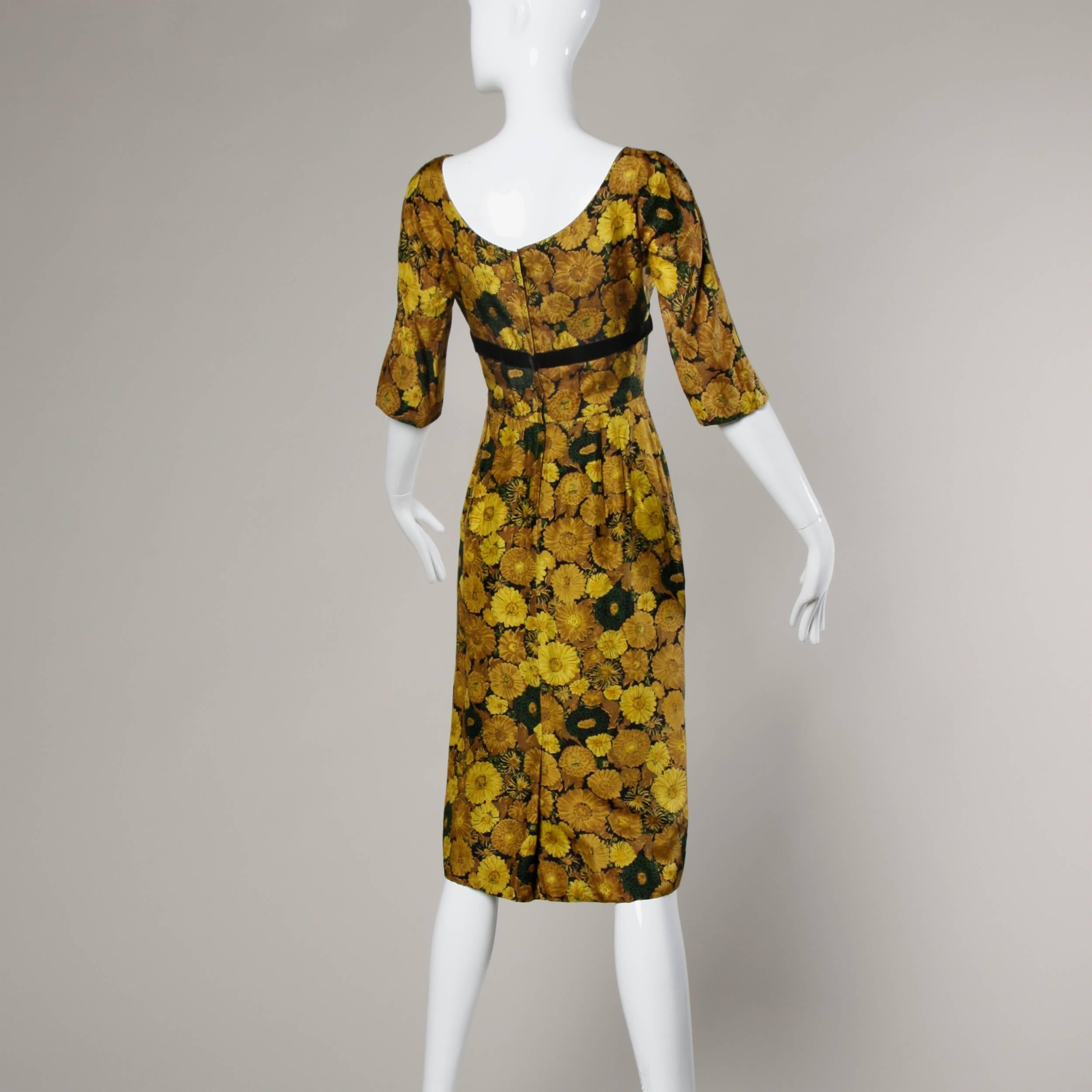 Vintage Silk Yellow Floral Print Cocktail Dress, 1950s-1960s In Excellent Condition For Sale In Sparks, NV