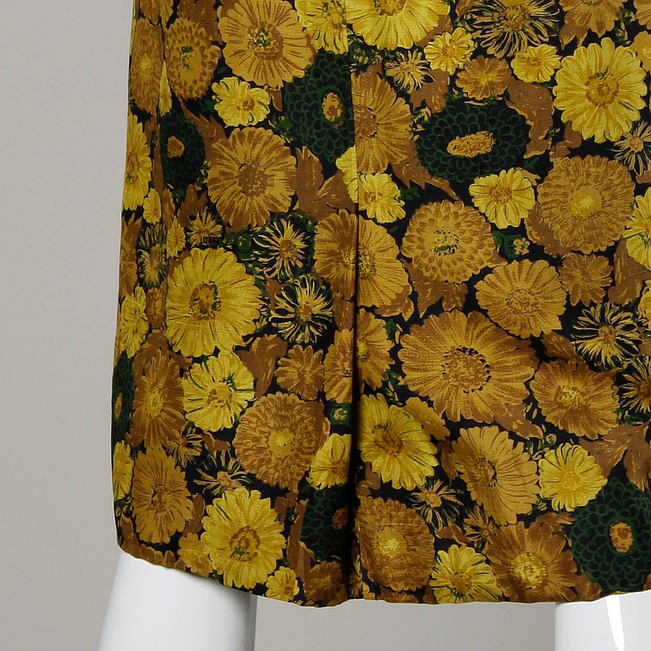 Vintage Silk Yellow Floral Print Cocktail Dress, 1950s-1960s For Sale 1