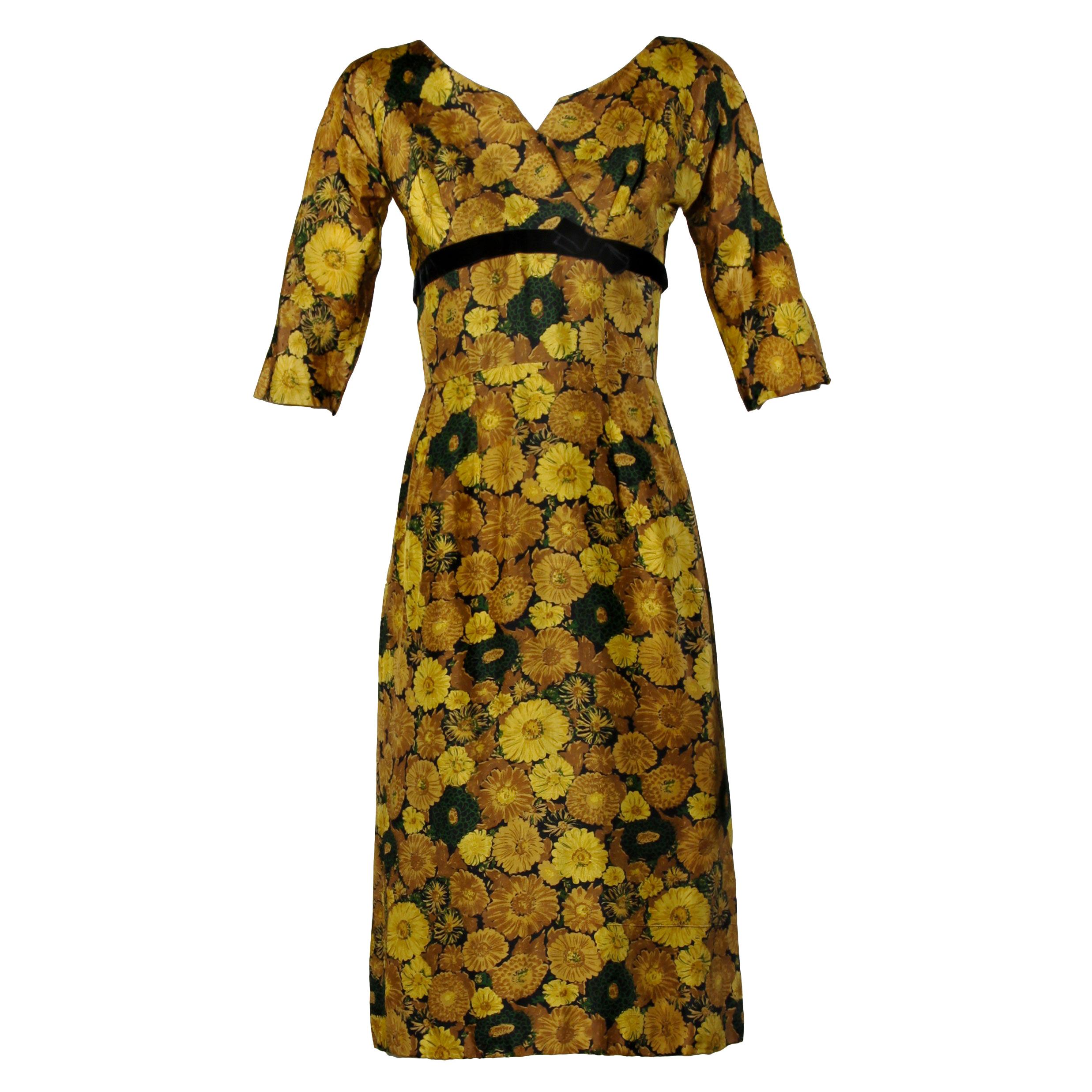 Robe de cocktail vintage en soie jaune à imprimé floral, années 1950-1960