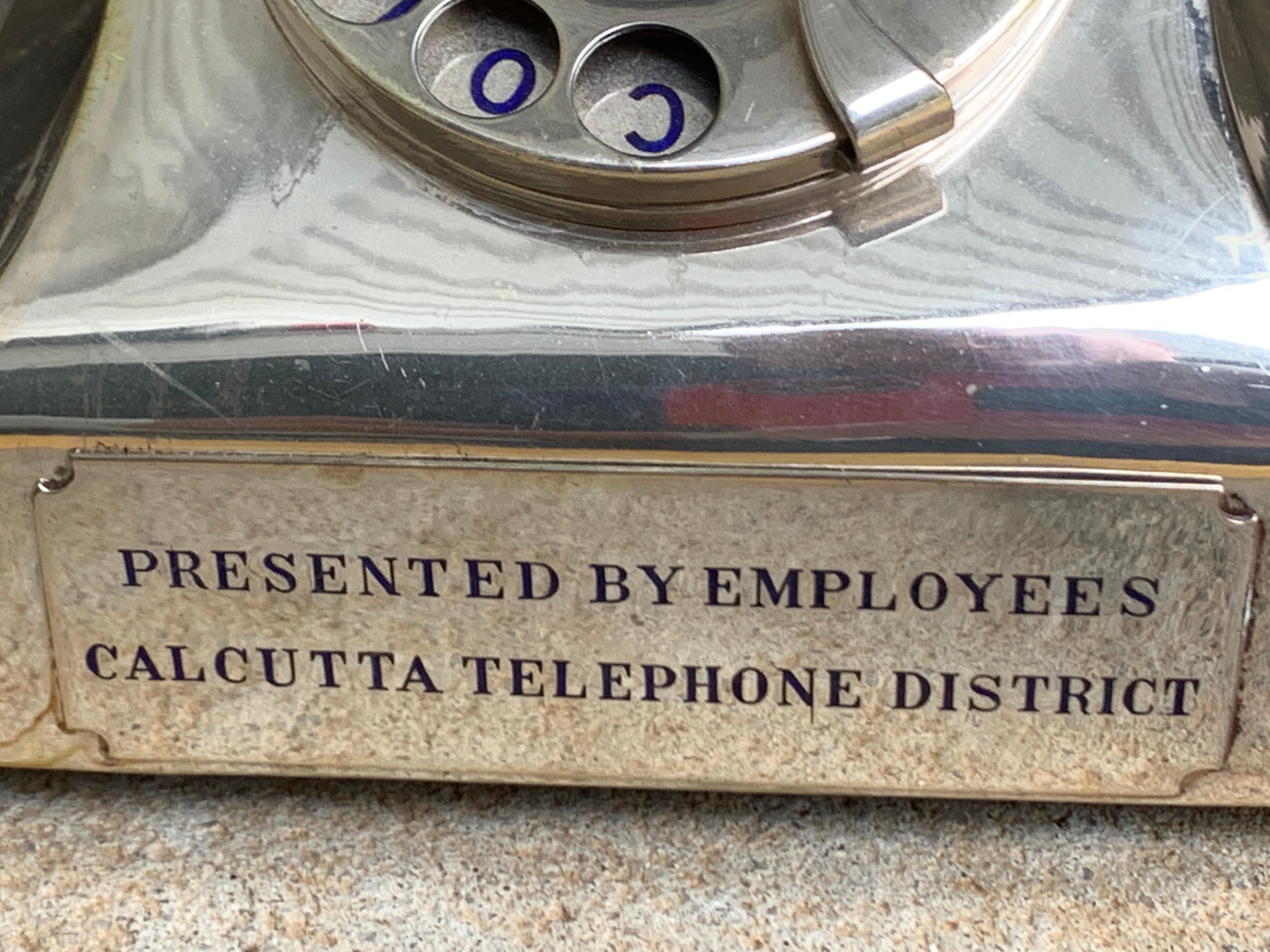 Vintage silver plated presentation intercom telephone, in two parts, missing phone cord, and wiring, (does not work) apparently for intercom communication, the dial with center blue enameled 