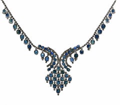 Vintage Silver 33ctw Oval Blue Sapphire & Round Diamond Statement Necklace
