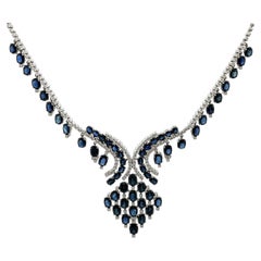 Vintage Silver 33ctw Oval Blue Sapphire & Round Diamond Statement Necklace