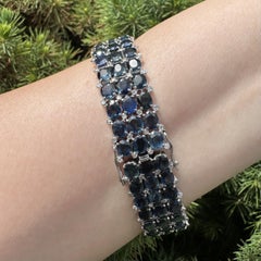 Vintage Silver 46.40ctw Oval Sapphire & Diamond 3 Row Bracelet Push Clasp