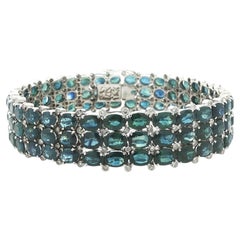 Vintage Silver 46.40ctw Oval Sapphire & Diamond 3 Row Bracelet Push Clasp