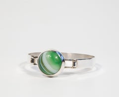 Vintage Silber 835 und grüner Achat mit weißen Streifen Armspange starrer Armreif