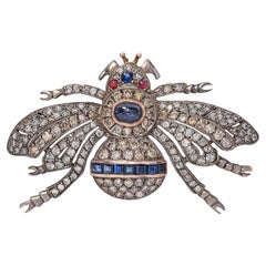 Vintage Silver & 9k Yellow Gold 3.62tcw Diamond & 3.63tcw Sapphire Bee Brooch