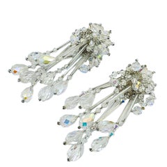 Vintage silver AB crystal beaded waterfall dang designer runway clip on earrings