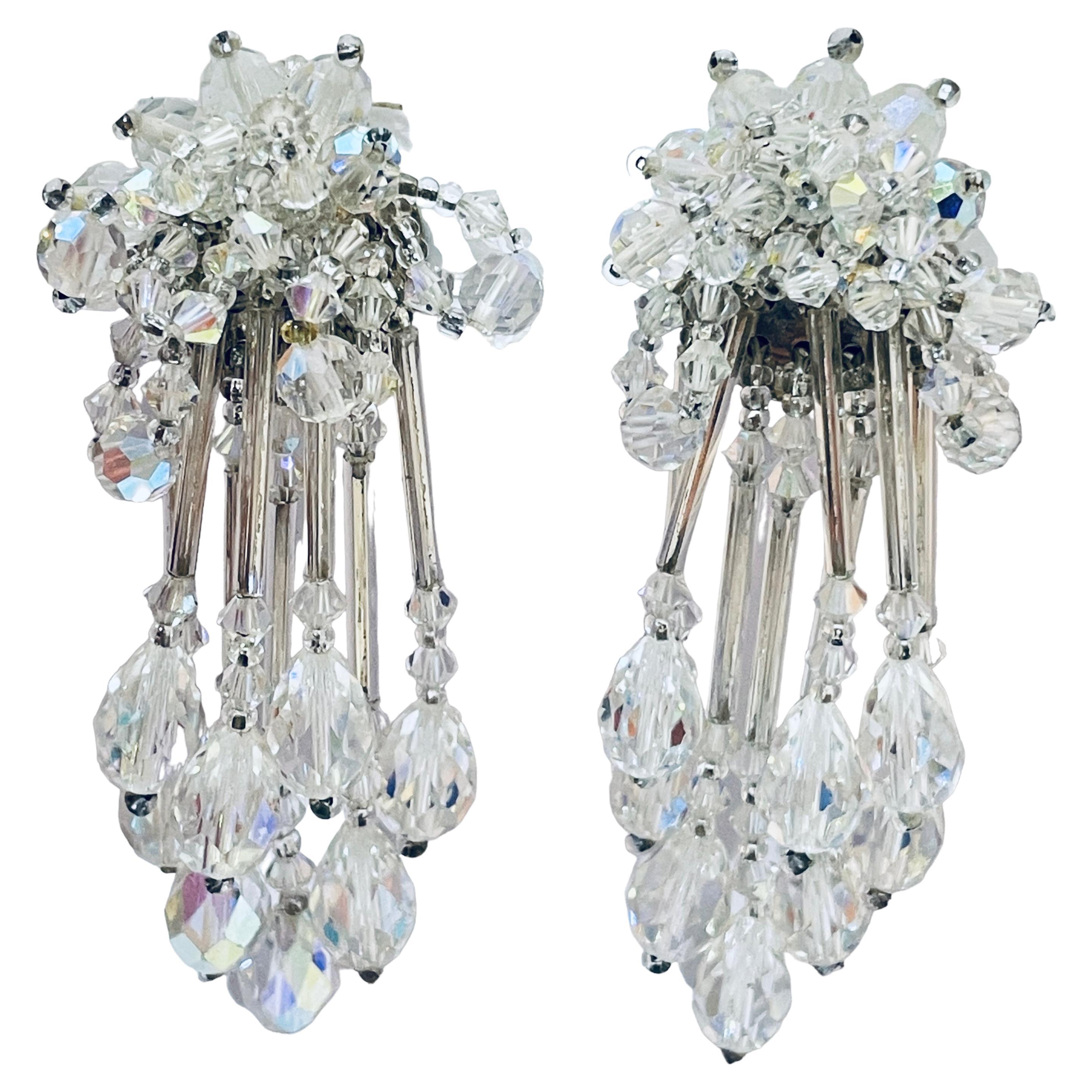 Vintage silver AB crystal beaded waterfall dang designer runway clip on earrings For Sale