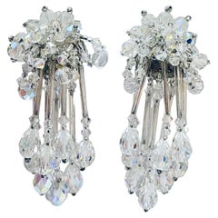 Vintage silver AB crystal beaded waterfall dang designer runway clip on earrings