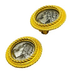 Vintage silver ancient coin gold etruscan designer clip on earrings