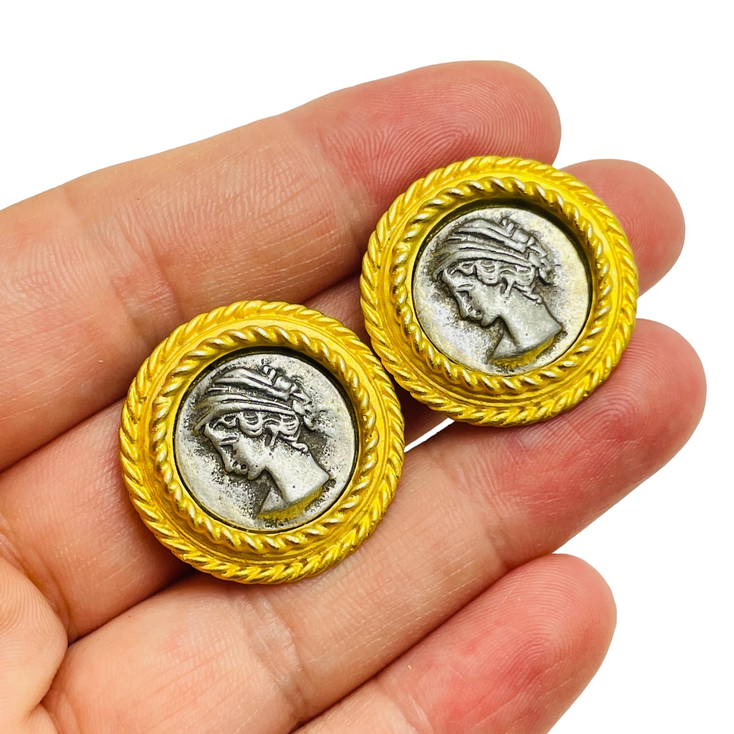 Women's Vintage silver ancient coin gold etruscan designer clip on earrings For Sale