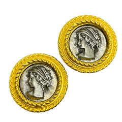  Vintage silver ancient coin gold etruscan designer clip on earrings