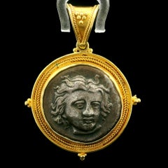 Vintage Silver Ancient Coin W/ 22k Yellow Gold Wheat & Bead Design Frame Pendant