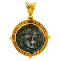 Vintage Silver Ancient Coin W/ 22k Yellow Gold Wheat & Bead Design Frame Pendant