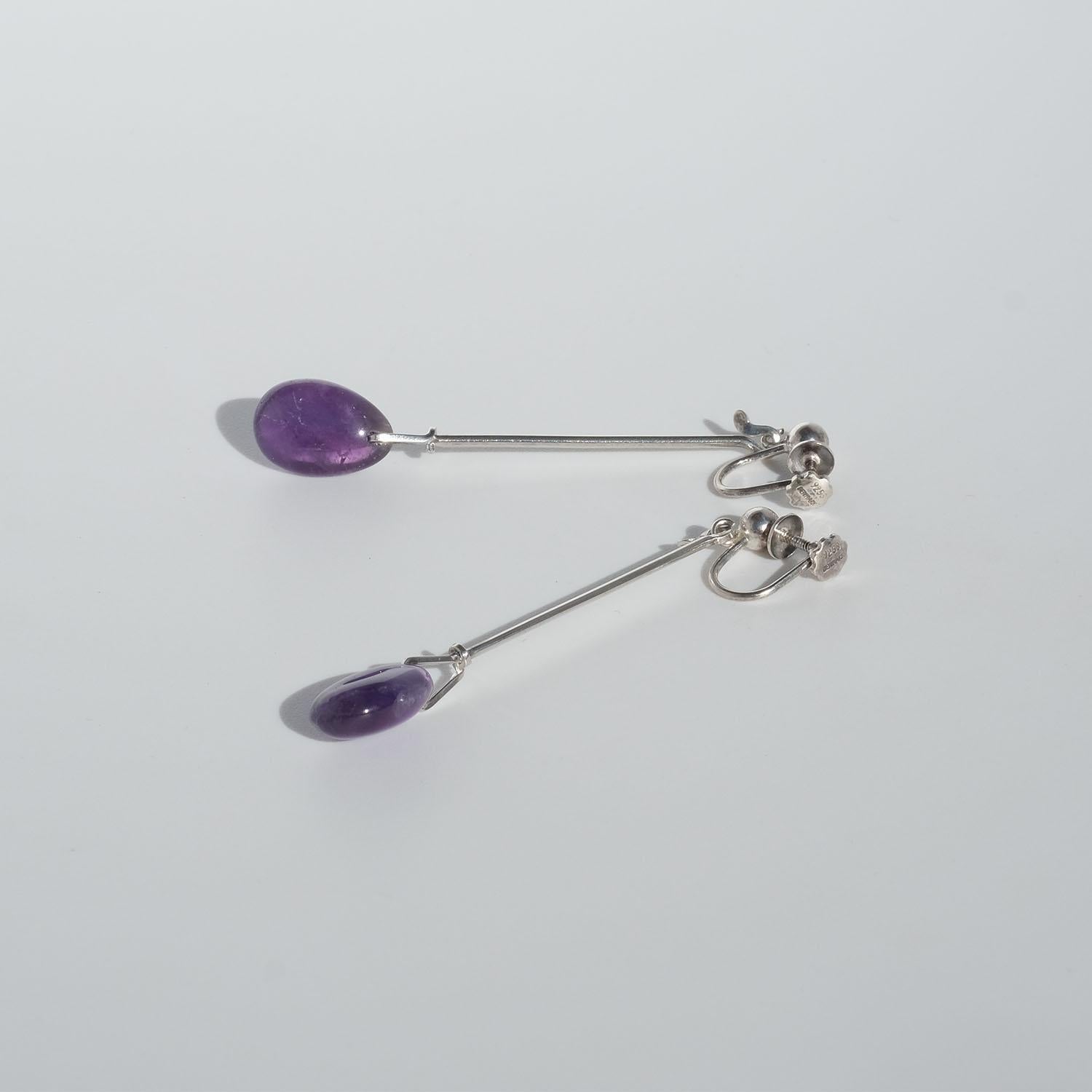 Oval Cut Vintage Silver and Amethyst Earrings, “Dew Drop”, by Vivianna Torun Bülow-Hübe For Sale