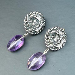 Vintage Silver and Amethyst Snake, Lizard & Spider Dangle Earrings