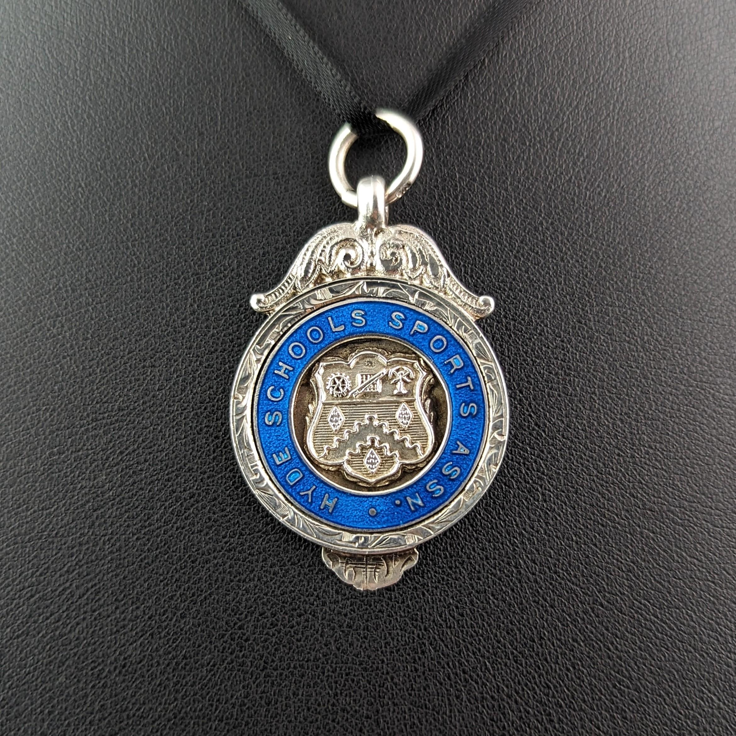 Vintage silver and Blue enamel fob pendant, Art Deco  In Good Condition For Sale In NEWARK, GB
