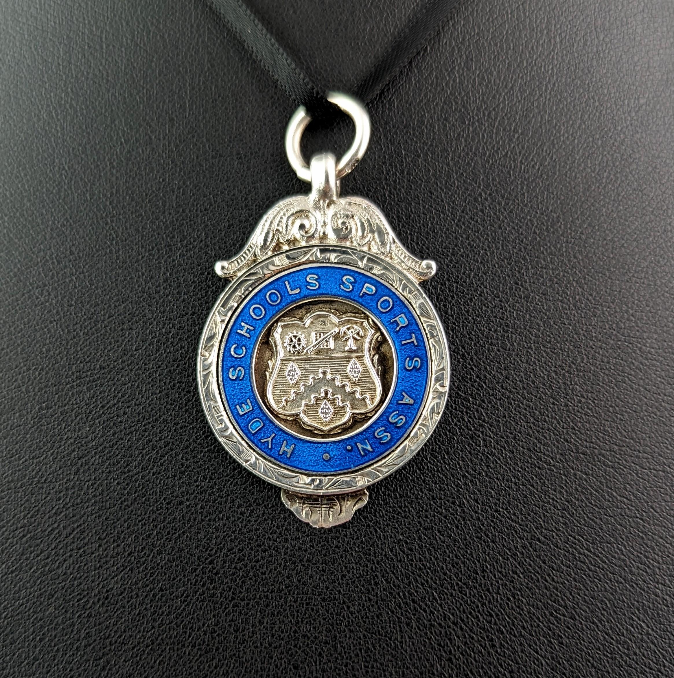 Women's or Men's Vintage silver and Blue enamel fob pendant, Art Deco  For Sale