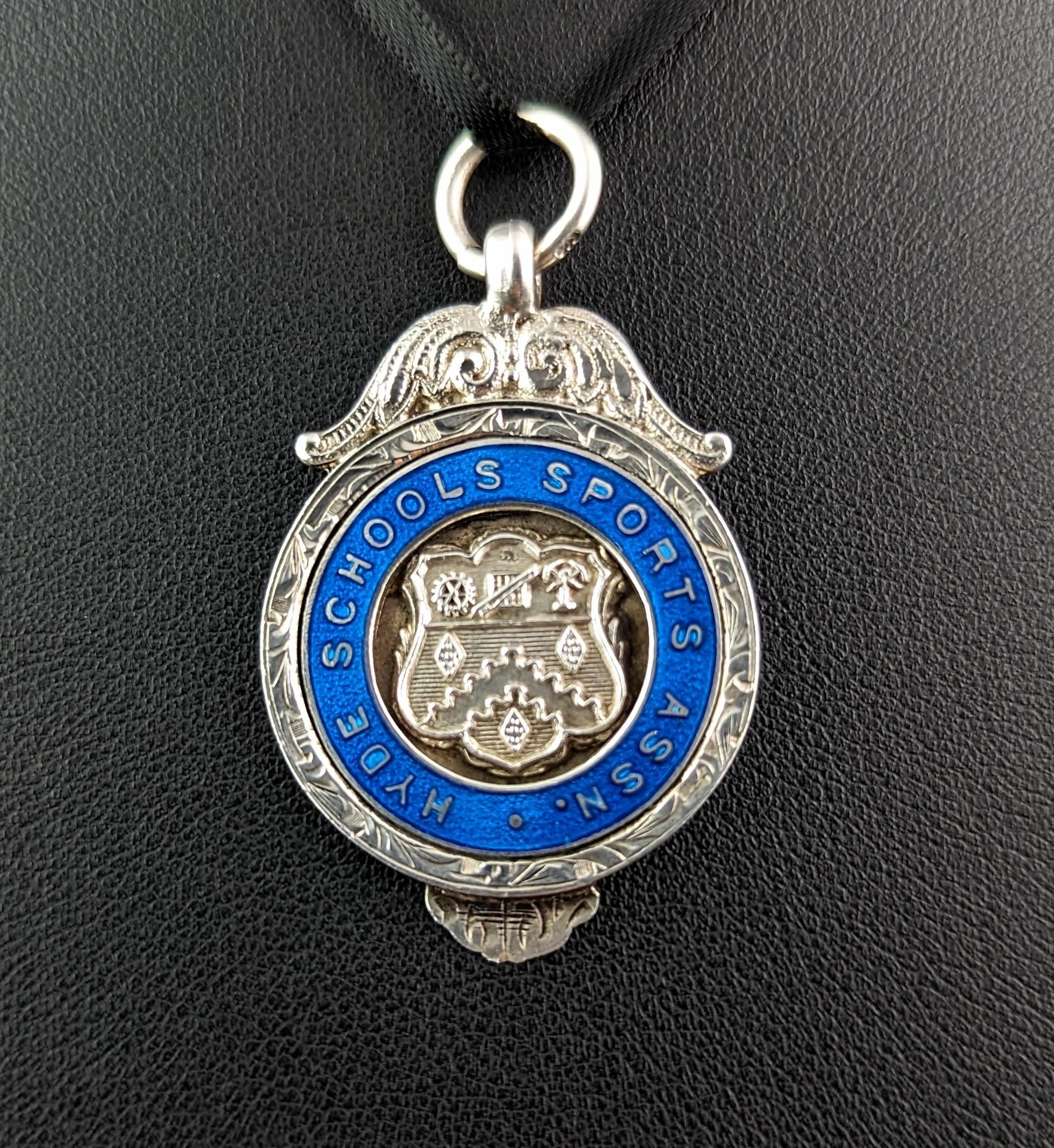 Vintage silver and Blue enamel fob pendant, Art Deco  For Sale 1