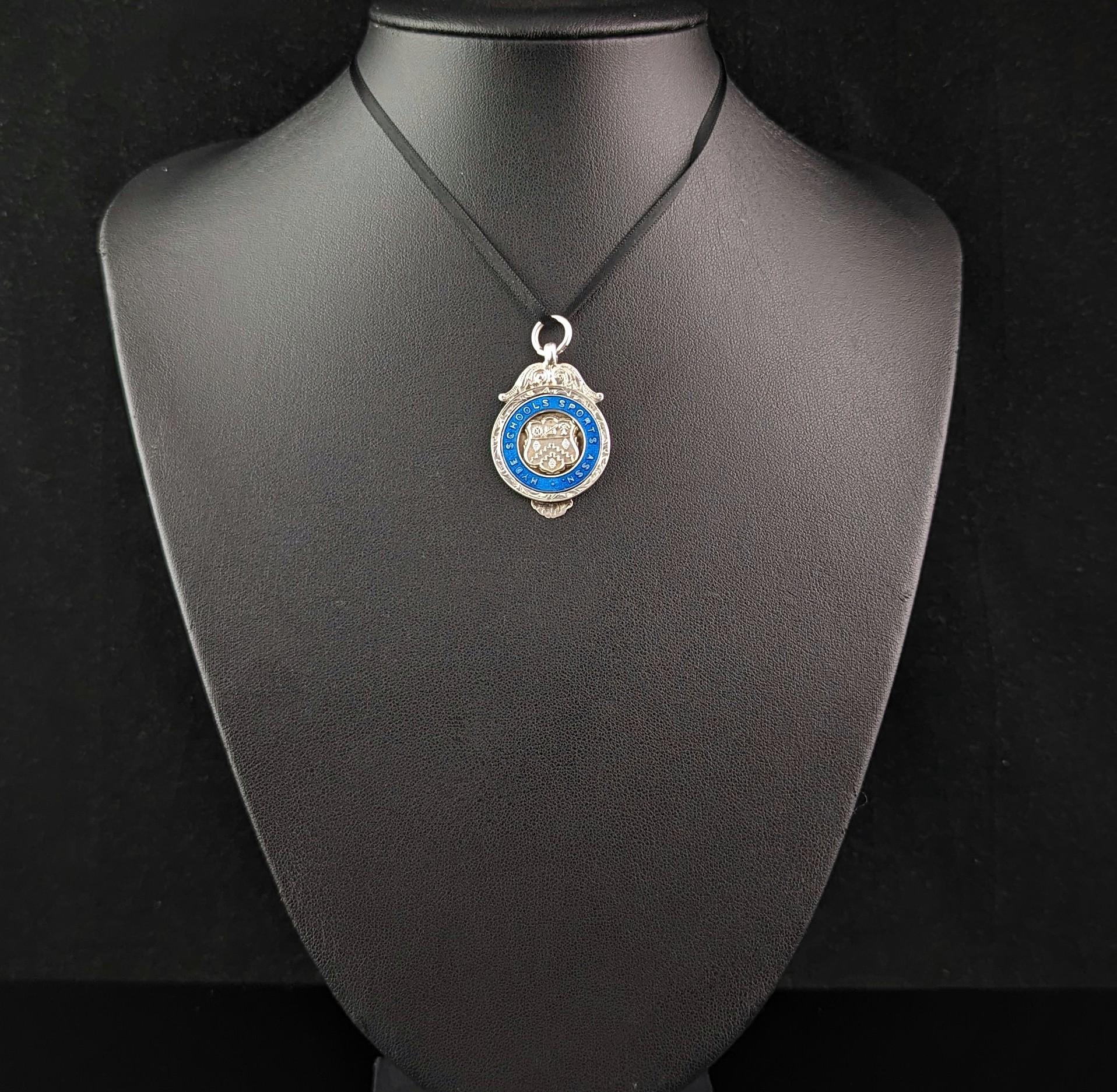 Vintage silver and Blue enamel fob pendant, Art Deco  For Sale 2