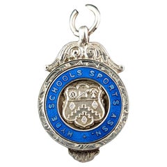 Vintage silver and Blue enamel fob pendant, Art Deco 